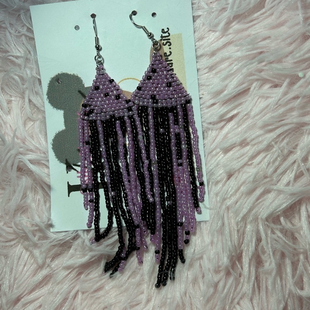 Purple and Black Beaded Fringe Earrings